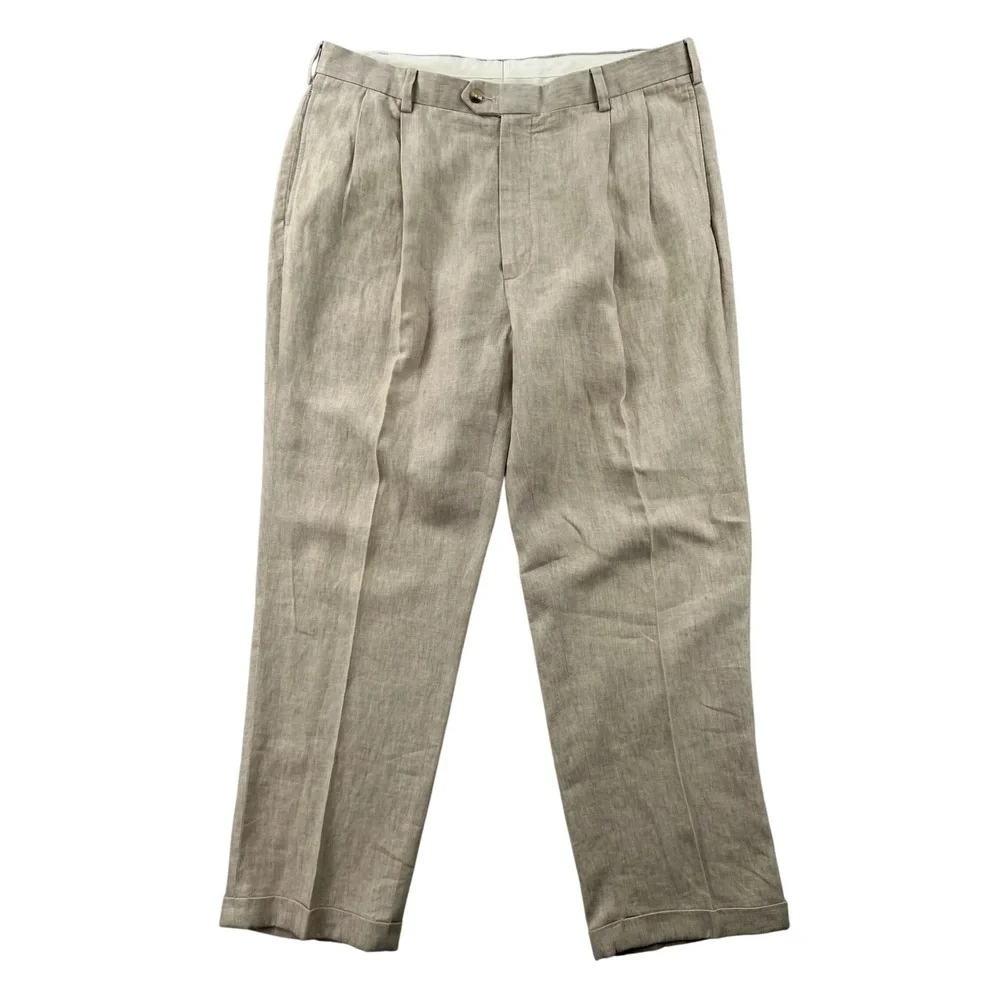 Jos A Bank Travelers Collection Mens 38x30 Beige 100% Linen Pleated Pants Cuffed